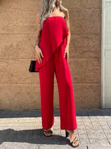 SHEIN Clasi 女士纯色不对称下摆时尚假日阔腿连体裤