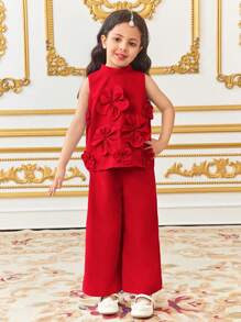SHEIN 2 件套少女套装：优雅立领花卉贴花上衣和裤子 - 紅色 - 查看 4