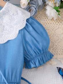 SHEIN Dziewczęca sukienka midi z bufiastymi rękawami, niebieska, z małą torebką, letnia