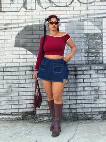 SHEIN ICON Celana Pendek Mini Denim Warna Gelap Ukuran Plus dengan Jahitan Kontras dan Detail Tali Samping - Dark Wash - View 5
