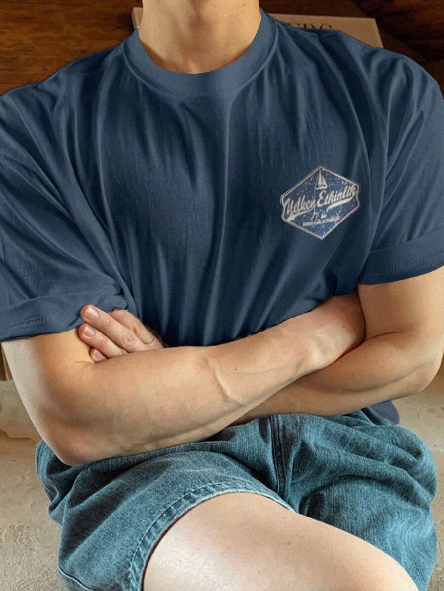 DAZY Men's Casual Letter Print Short Sleeve T-Shirt, Summer - Navy Blue - View 1