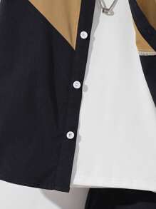 2pcs/Set Tween Boy Casual Patchwork Contrast Color Short Sleeve Stand Collar Shirt And Elastic Waist Pocket Shorts Outfit, Suitable For Autumn, Spring, Summer, Outdoor Play, School, Street Style, Party, And Leisure - Multicolor - View 9