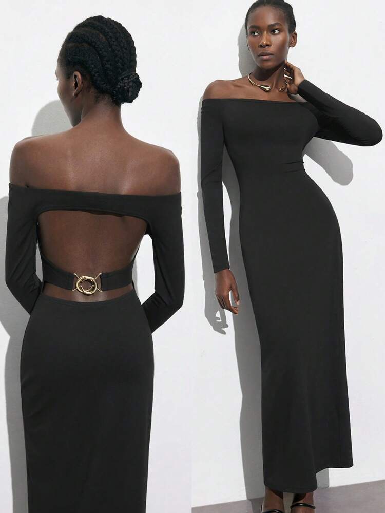 SHEIN Maija New Spring And Summer Black Backless Sexy Metal Decoration Urban Vacation Modern Elegant Romantic Ladies Mid-Length Dress Suitable For Going Out Holiday Party Music Festival Old Money Style