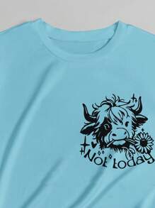 INAWLY Plus Size Women's Fashion Cow Pattern & Letter Round Neck T-Shirt - Blue - View 4