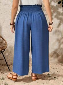 EMERY ROSE Pantalones de pierna ancha con textura de punto y cinturilla alta con nudo para mujeres de talla grande - Azul - Ver 2