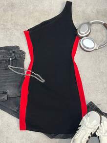 SHEIN 青少年女孩 Y2K 夏季篮球运动紧身运动风格迷你连衣裙，黑色和红色单肩撞色印花，休闲街头服饰和返校时尚 - 黑色 - 查看 5