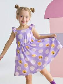LOONEY TUNES X SHEIN 年轻男孩可爱兔子和波尔卡圆点印花盖袖连衣裙 - 紫色 - 查看 1