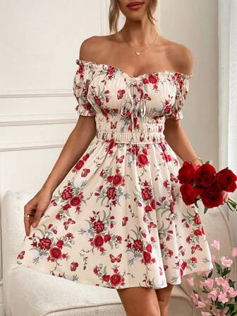 SHEIN VCAY Summer Woven Print Off Shoulder Short Sleeve Mini Dress For Women ,Summer Outfits For Women,Vacation Outfits Woman