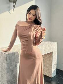 Modelyn 修身长袖休闲连衣裙，简约时尚，适合日常穿着 - 咖啡棕 - 查看 4