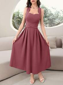 Modelyn Women's Solid Backless Purple Dress, Elegant Sleeveless Long Evening Dresses