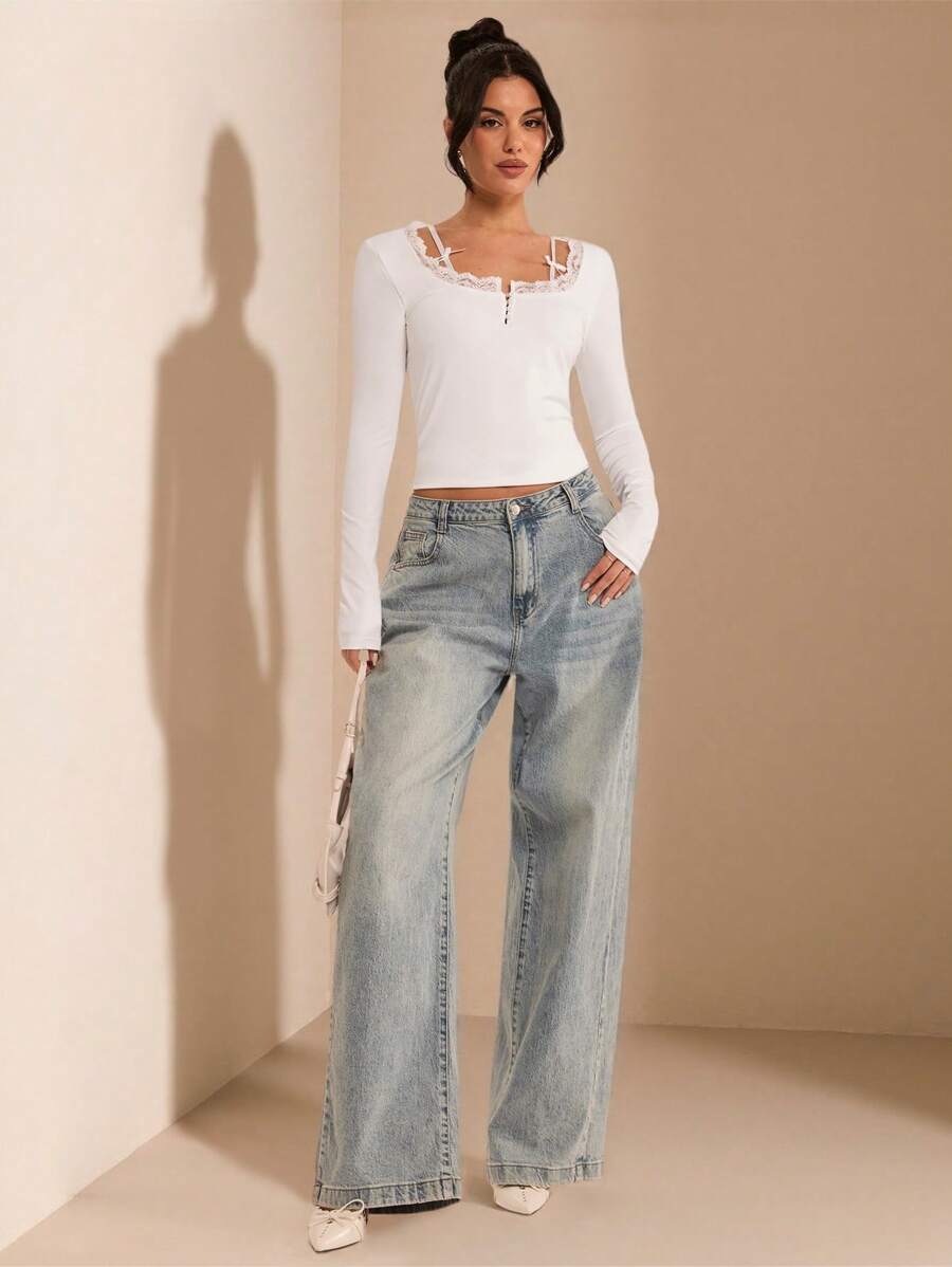 SHEIN BAE 女士白色纯色蕾丝拼布无袖蝴蝶结装饰甜美浪漫针织长袖 T 恤，适合春季、夏季、情人节、派对、约会之夜、伴娘、休闲装、生日 - 白色 - 查看 1