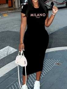Slaydiva MILANO Casual Slogan Graphic Short Sleeve Fitted Midi Dress, Suitable For Summer Suitable For Going Out - Black - View 5