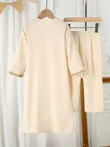 2pcs/Set Young Boy Traditional Robe Attire Abaya/Thobe For Ramadan/EID/Mubarak - Apricot - View 2