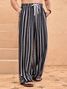Manfinity VCAY Men's Casual Loose Waist Drawstring Straight Leg Trousers, Woven Fabric, Daily Wear