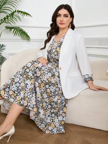 Modelyn Plus Size Ditsy Floral Patchwork Blazer And Dress Set In Fall/Winter
