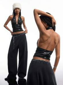 LYSMO Women's Solid Color Sequin Deep V Neck Sexy Glamorous Tank Top - Black - View 3