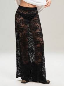 SHEIN EZwear Falda larga negra de encaje sexy de talla grande para mujer, de verano