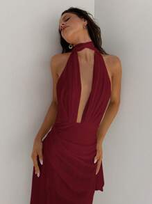Aloruh Women's Deep V-Neck Backless Dress, Chiffon Flowing Ruffle Tie Waist A-Line Long Suitable For Weddings, Parties, Vacations, Spring/Summer Burgundy - Burgundy - View 3