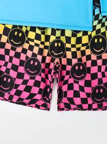 Conjunto de camiseta de manga larga impresa para niños preadolescentes y pantalones cortos de natación impresos en ajedrez degradado en color (impresión de posicionamiento)