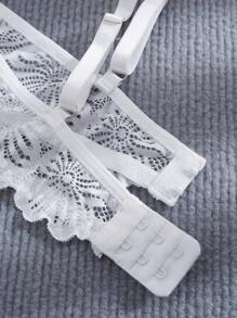 Conjunto de lencería sexy de 3 piezas para mujer, incluye sostén con aros y diseño de collar y moño de encaje, y tanga
