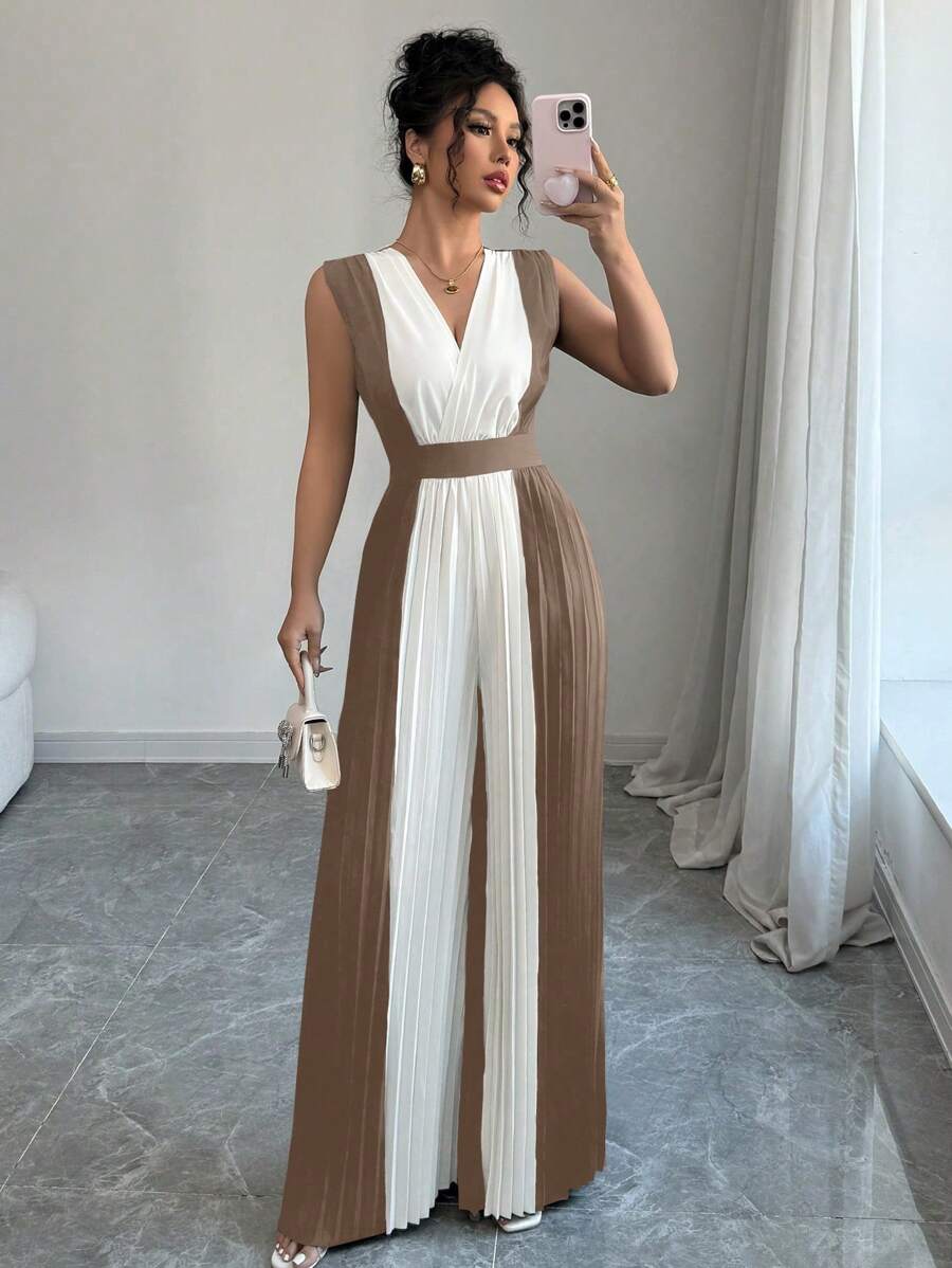 Elenzga 女士 V 领褶皱腰阔腿休闲连身裤，优雅通勤和度假装 - 棕色 - 查看 1