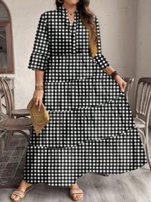 SHEIN LUNE 休闲优雅黑白格子印花大码连衣裙，适合春夏季 - 黑與白 - 查看 6