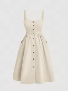 SHEIN MOD 大码休闲纯色前扣口袋吊带连衣裙