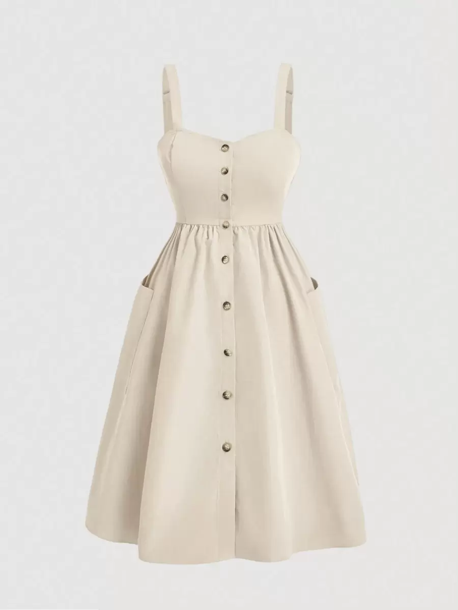 SHEIN MOD 大码休闲纯色前扣口袋吊带连衣裙