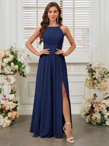 SHEIN Belle Halter Neck High-Slit Bridesmaid Dress (Adult) - Navy Blue - View 6