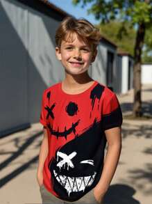 SHEIN Tween Boy Expression Print Two Tone Tee - Multicolor - View 5