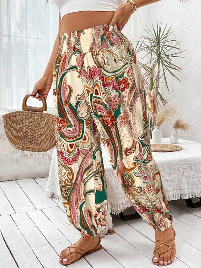 SHEIN Clasi 大码女式植物印花自系腰哈伦裤