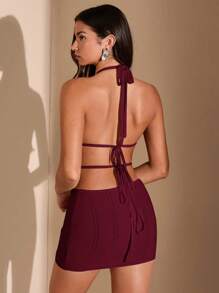 SHEIN BAE 白色露背针织迷你连衣裙、钩针比基尼、性感服装、沙滩女装、波西米亚风、夏季女装 - 酒紅色 - 查看 2