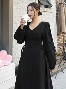 DAZY Surplice Neck Bishop Sleeve Lace Up Side Dress,Fall Clothes Long Sleeve Dress - Black - View 4