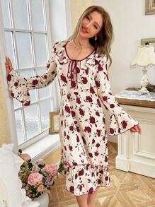 CottageSlumber Floral Print Ruffle Collar Tie Front Women's Nightgown - Multicolor - View 5