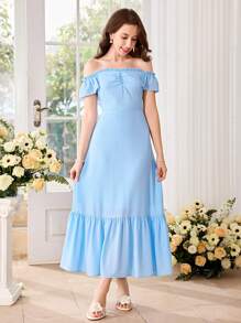 SHEIN Girlism Teen Girls Elegant Ruffled Off Shoulder Wedding/Wedding Guest Dress, With Ruffle Hem - Blue - View 3