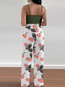 SHEIN LUNE 2 件套大码女式细肩带上衣和松紧腰系带花朵阔腿裤套装 - 綠色 - 查看 2