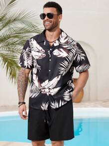 ResortEase Conjunto de Camisa e Shorts Casuais com Estampa Tropical para Homens Plus Size - Preto - Visão 4