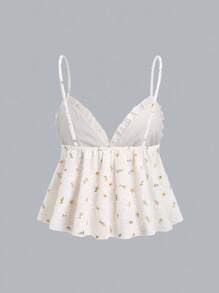 Sweetra 女式新款夏季深 V 领小黄花白色刺绣面料度假风荷叶边腰部蝴蝶结装饰 A 字形吊带背心上衣