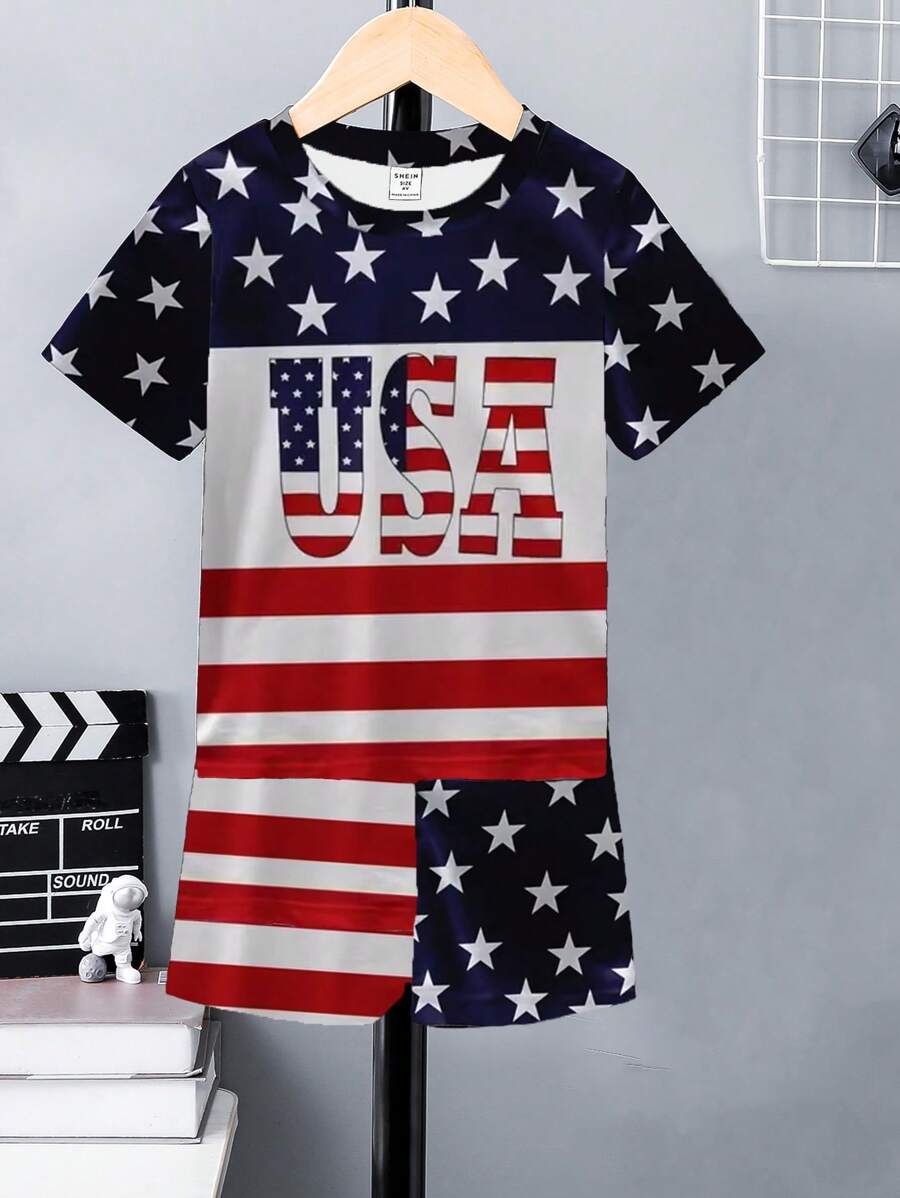SHEIN Coolqubz 2 件套男童美国国旗星条纹印花圆领短袖 T 恤和短裤 - 彩色 - 查看 1