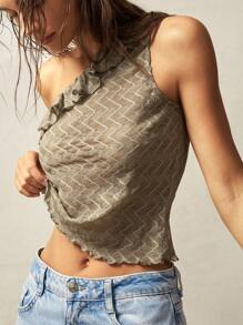 Bohemela Boho Women's Bohemian Style Casual Solid Color Knit Asymmetrical Neck Fitted Tank Top, For Summer Vacation - Army Green - View 4