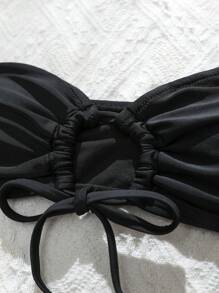 Swim Basics SS2025 Women Spring/Summer Beach Swimwear, Solid Colour Swimwear Black Bikini 3 Pieces Set, Beachwear Outfit, Basic Casual Style Bikini Sets - Black - View 3