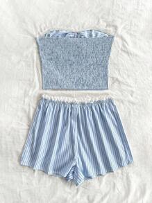 SHEIN Unity Women 2pcs Set - Striped Bow Decor Crop Top And Shorts - Blue - View 2