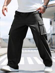 Manfinity CasualCool Plus Size Men Casual Solid Color Drawstring Waist Cargo Pants, Fall - Black - View 4