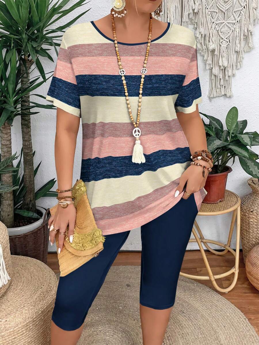 Conjunto informal de 2 piezas de blusa de cuello redondo de manga corta con bloques de color y rayas, y leggings para mujeres de talla grande, conjunto de verano para salir - Multicolor - Ver 1