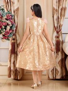SHEIN Tween Girl Luxurious Retro Style Gold Jacquard Feather Accent Flare Dress - Pink - View 2