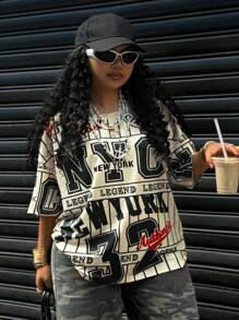 Rovax Women Plus Size Letter Print Dropped Shoulder Loose T-Shirt - Beige - View 1