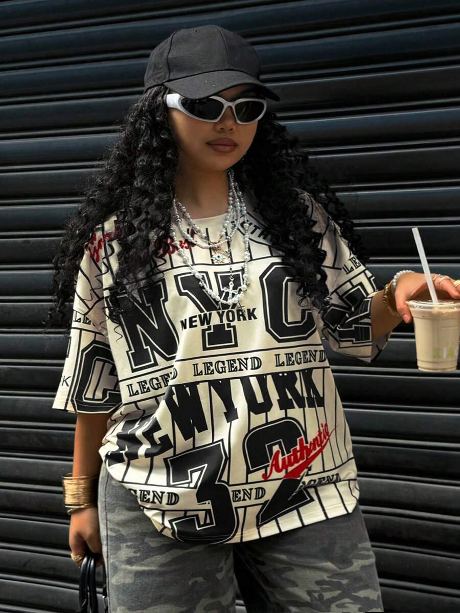 Rovax Women Plus Size Letter Print Dropped Shoulder Loose T-Shirt - Beige - View 1