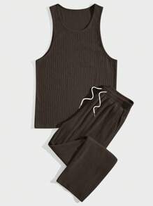 Manfinity RelaxMax 2pcs Men's Minimalist Solid Color Sleeveless Tank Top And Pants Set, Summer - Dark Grey - View 2
