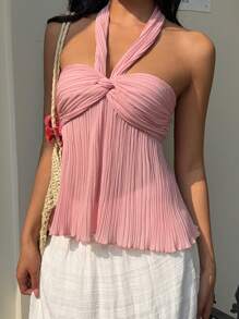 SHEIN EZwear 女士优雅纯色扭纹背心 - 粉色 - 查看 6