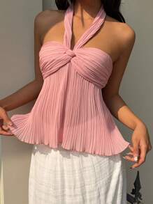 SHEIN EZwear 女士优雅纯色扭纹背心 - 粉色 - 查看 7